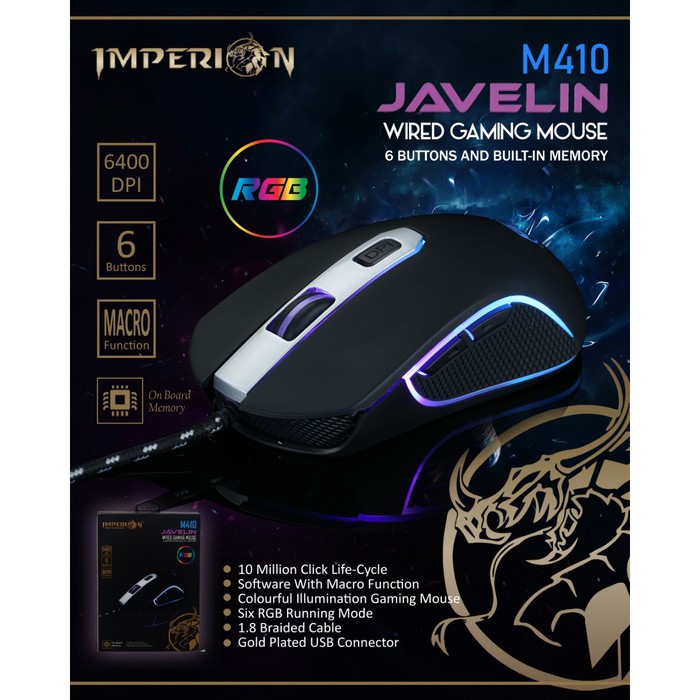 Imperion MG-M410 Javelin RGB Wired Gaming Mouse With 6 Buttons 6400 dpi, and Built-in Memory