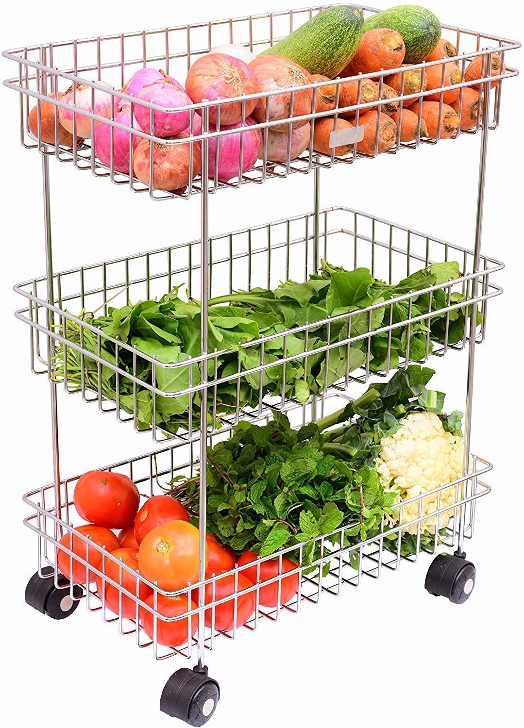 Stainless Steel Popular Basket Fruit and Vegetable Stand Basket Trolley, Kitchen Storage Rack (3 Layer) Kitchen Rack Dishrack