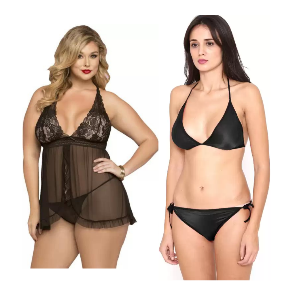 Combo Set of Women Polyester Nightwear Babydoll Dress with G string Panty and Bra Panty Set Free Size Black Color