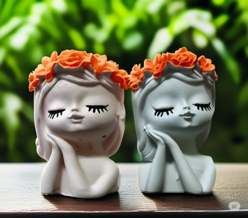 Two Piece Miniature Small Planter Vase Pots l Cute Gift and Home Decor Set in White with Orange Hair