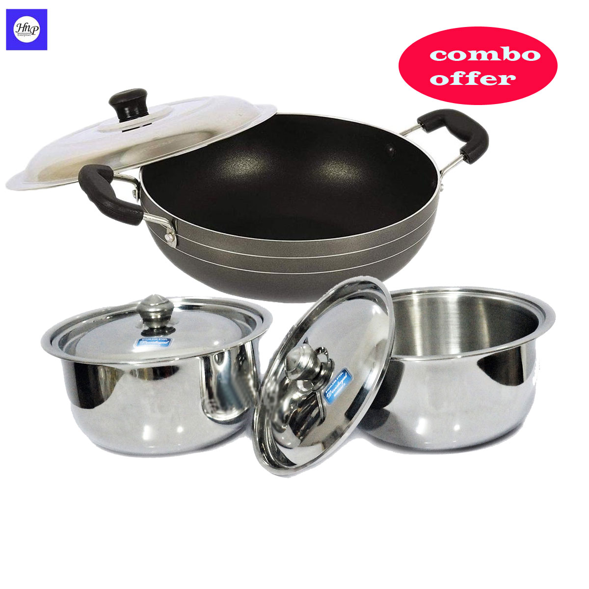 DeviDayal Stainless Steel 2 Liter Vintage Serving Bowl Pack Of 2 Combo With Classic Non Induction Heavy Gauge Non Stick 2.5 Liter Kadai