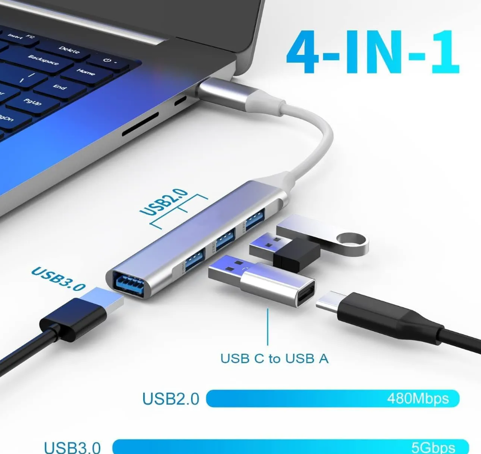 4 in 1 Type-C USB Hub (Type C to 4 USB-A Ports) Fast Data Transfer Plug & Play USB Hub