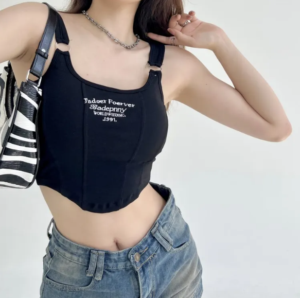 Korean Chic Letter Print Short Design Light Padded Tank Top Camisole - image 1