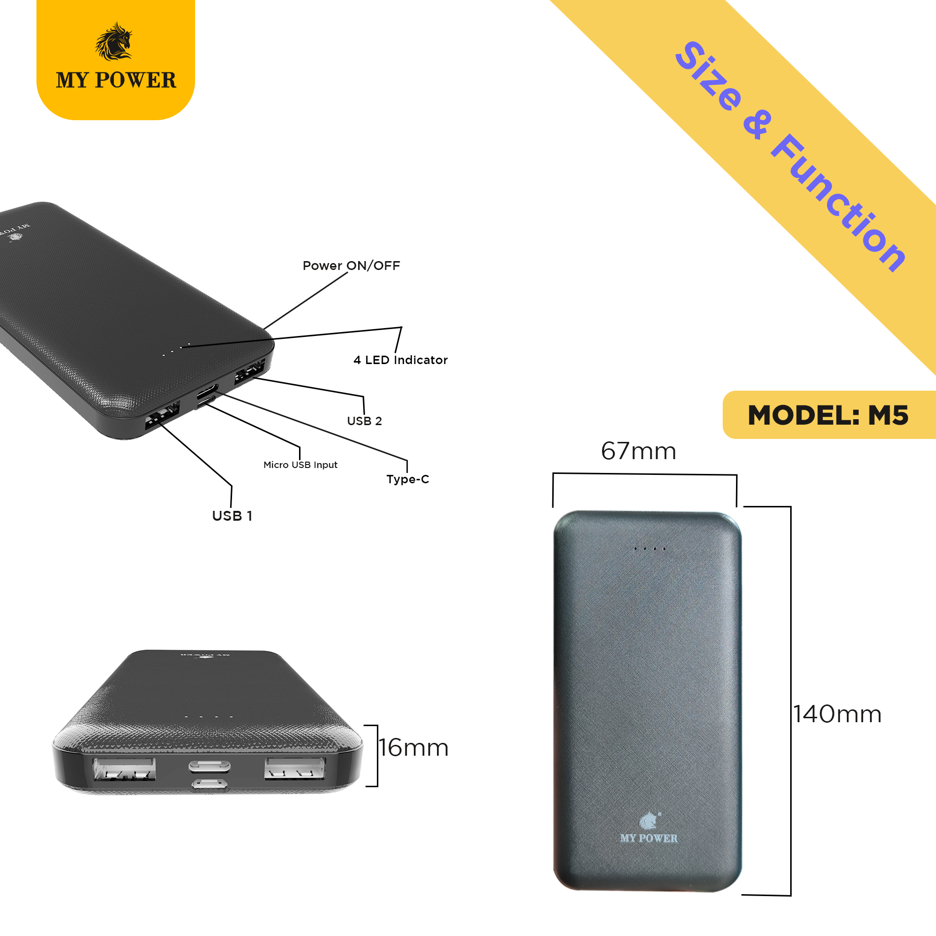 My Power, 10000 mAh Powerbank M5, Ultra Thin polymer Powerbank