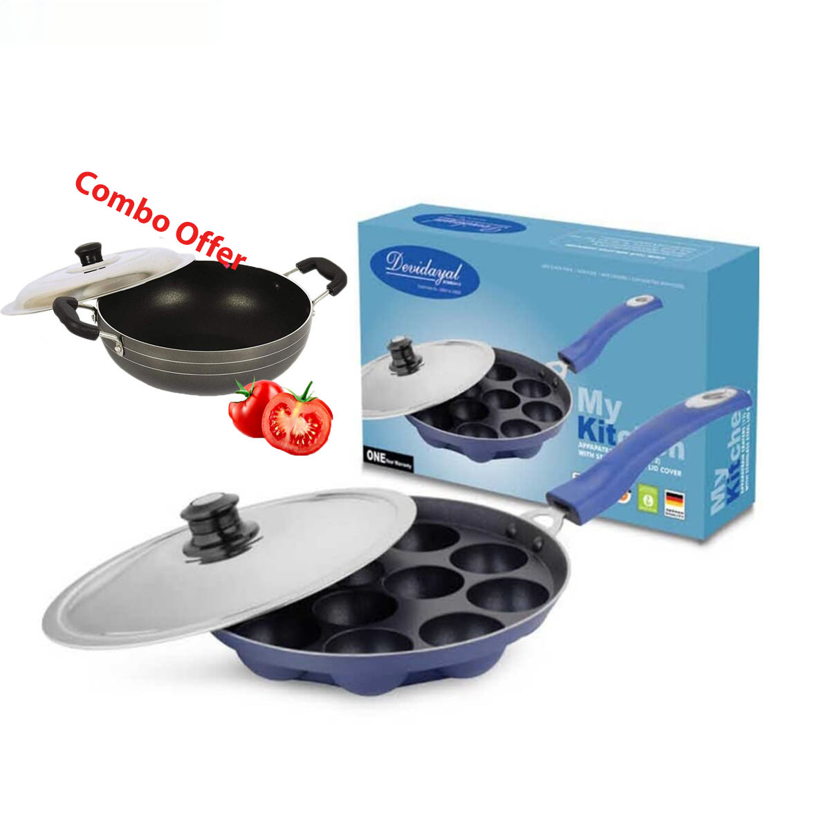 Non Stick Multipurpose 12 craters Appapatam With Silicon Soft Handle With Stainless Steel Lid Combo With Non Stick Deep Kadai