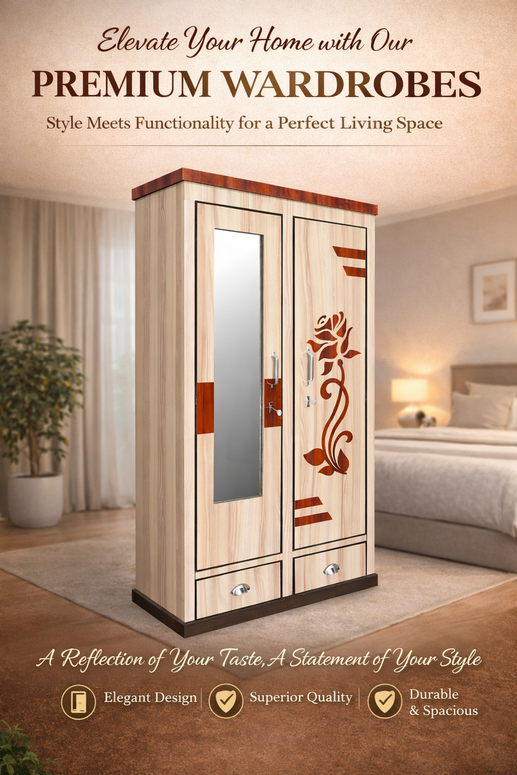 2 Door Wooden Wardrobe with Mirror for Bedroom Storage and Lockable Double Door Cupboard