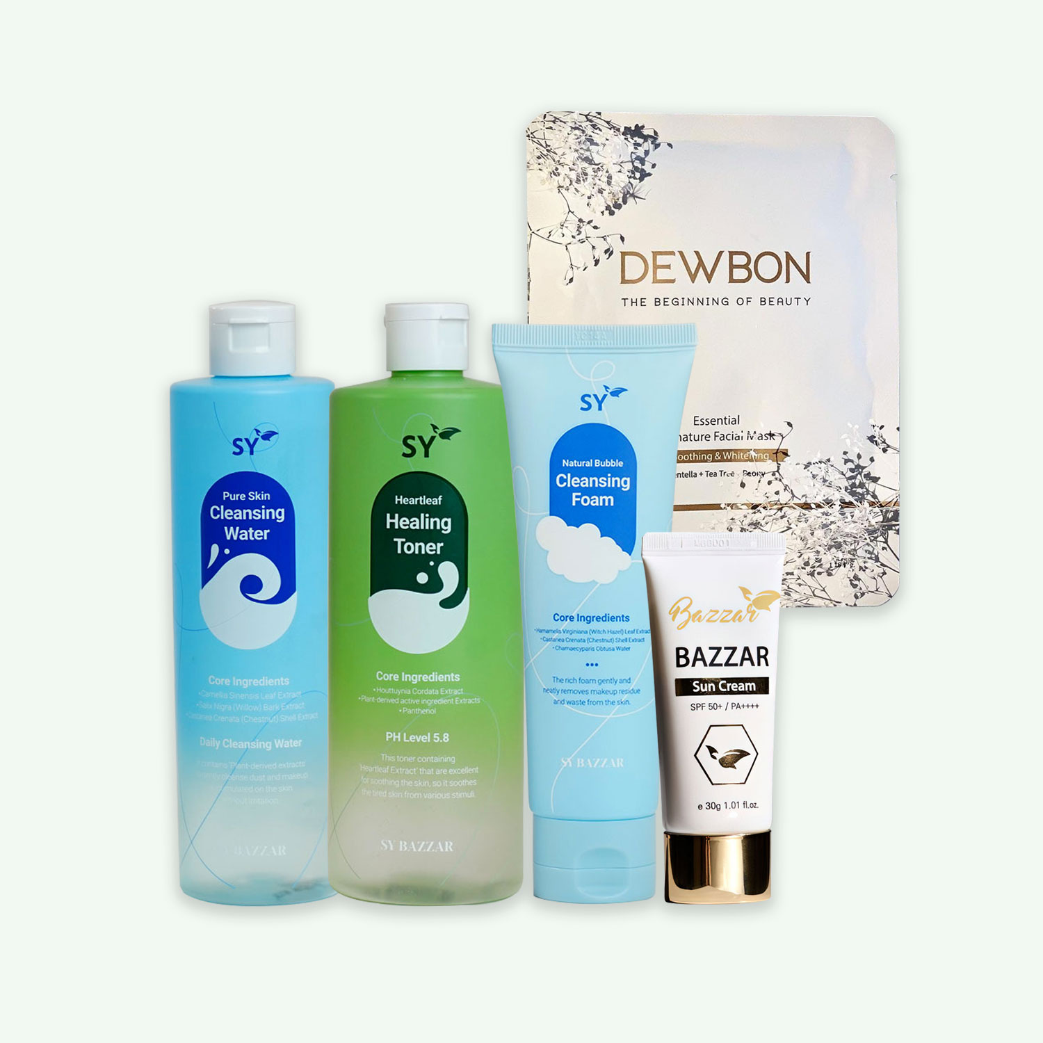 Combo of SY Healing Toner, SY Bazzar Sun Cream, SY Cleansing Water, SY Cleansing Foam & Dewbon Mask - image 1