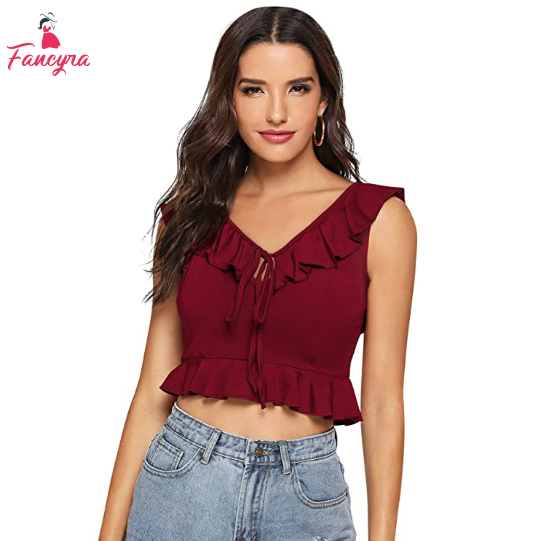 Sleeveless Casual V-Neck Solid Crop Top For Women