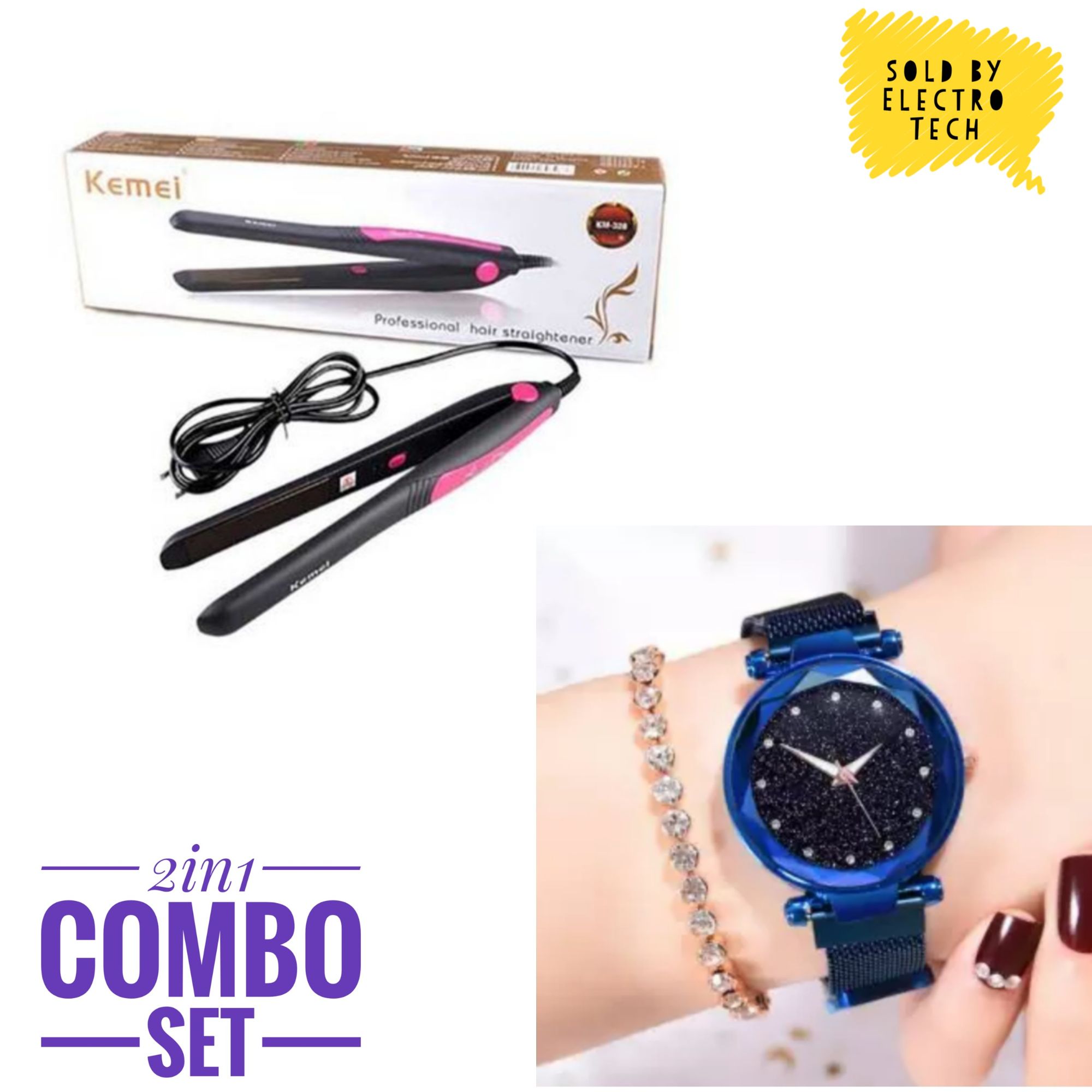 Kemei KM 328 Hair Straightener & Magnetic Fashionable Luxury Stainless Steel Watch