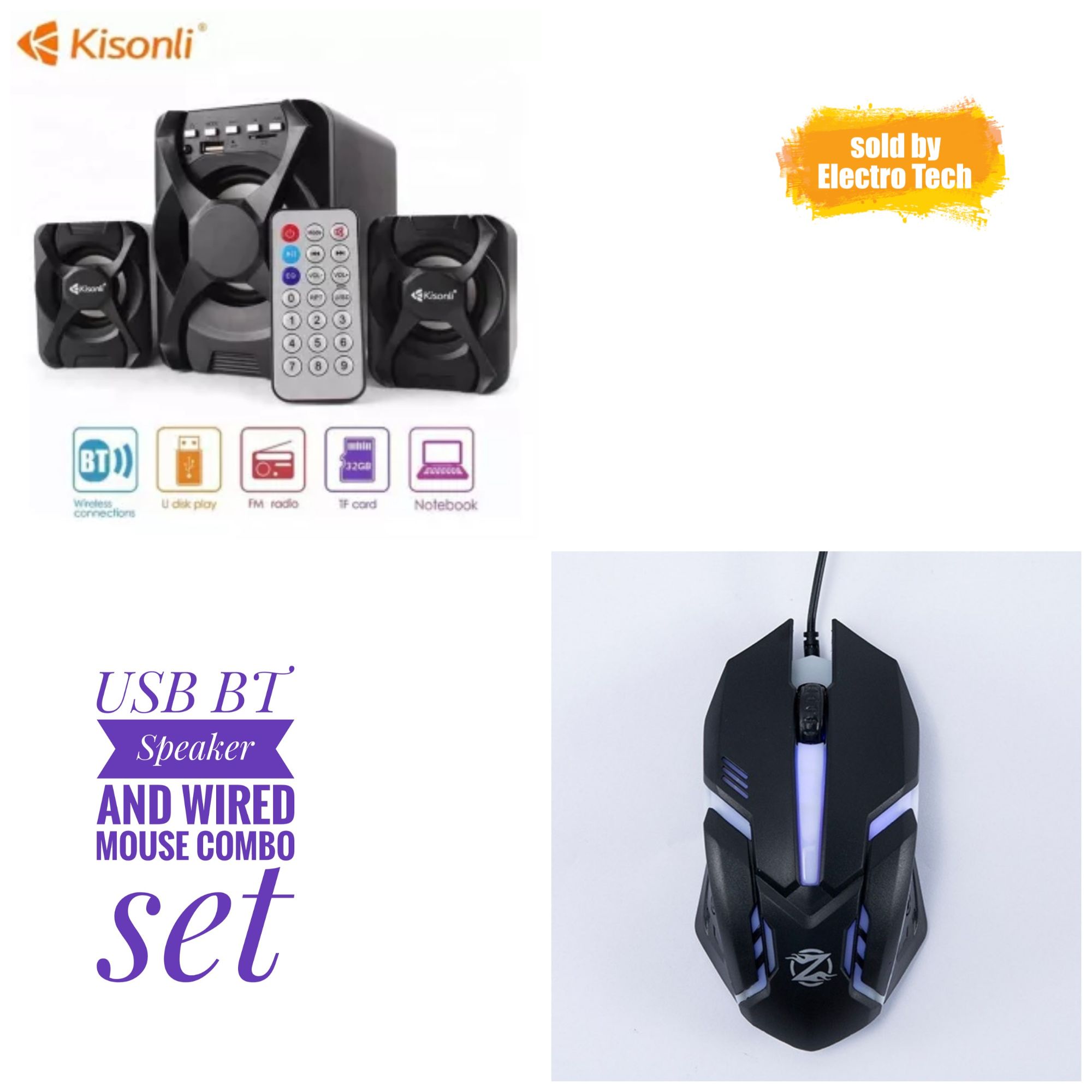 Kisonli U-2500 Bt Wireless Speaker & GM02 Revival Backlit Wired Gaming Mouse
