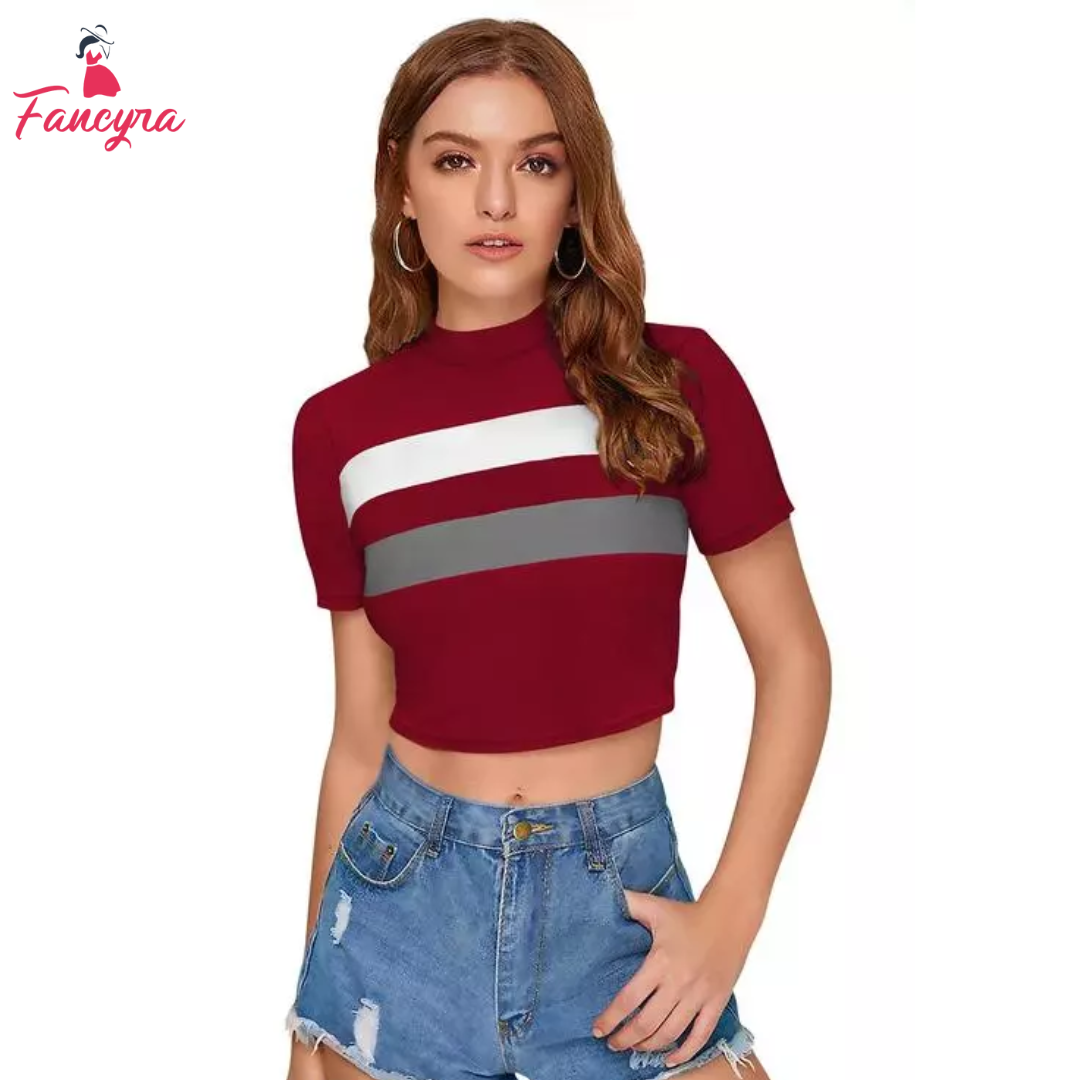 Women Fancy Round Neck Crop Tops T-Shirt Short Sleeves