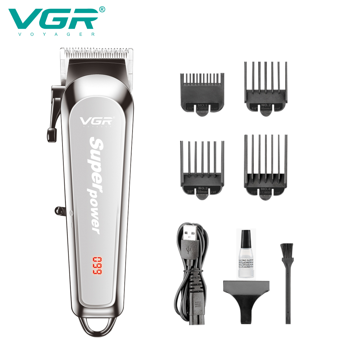 VGR V-060 electric hair clipper rechargeable Stainless steel blade 4 limit combs with LED digital display-1