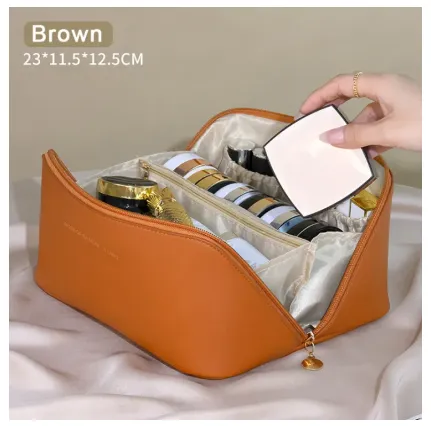 Large Travel Makeup Bag for Women - Leather Cosmetic Organizer & Toiletry Kit