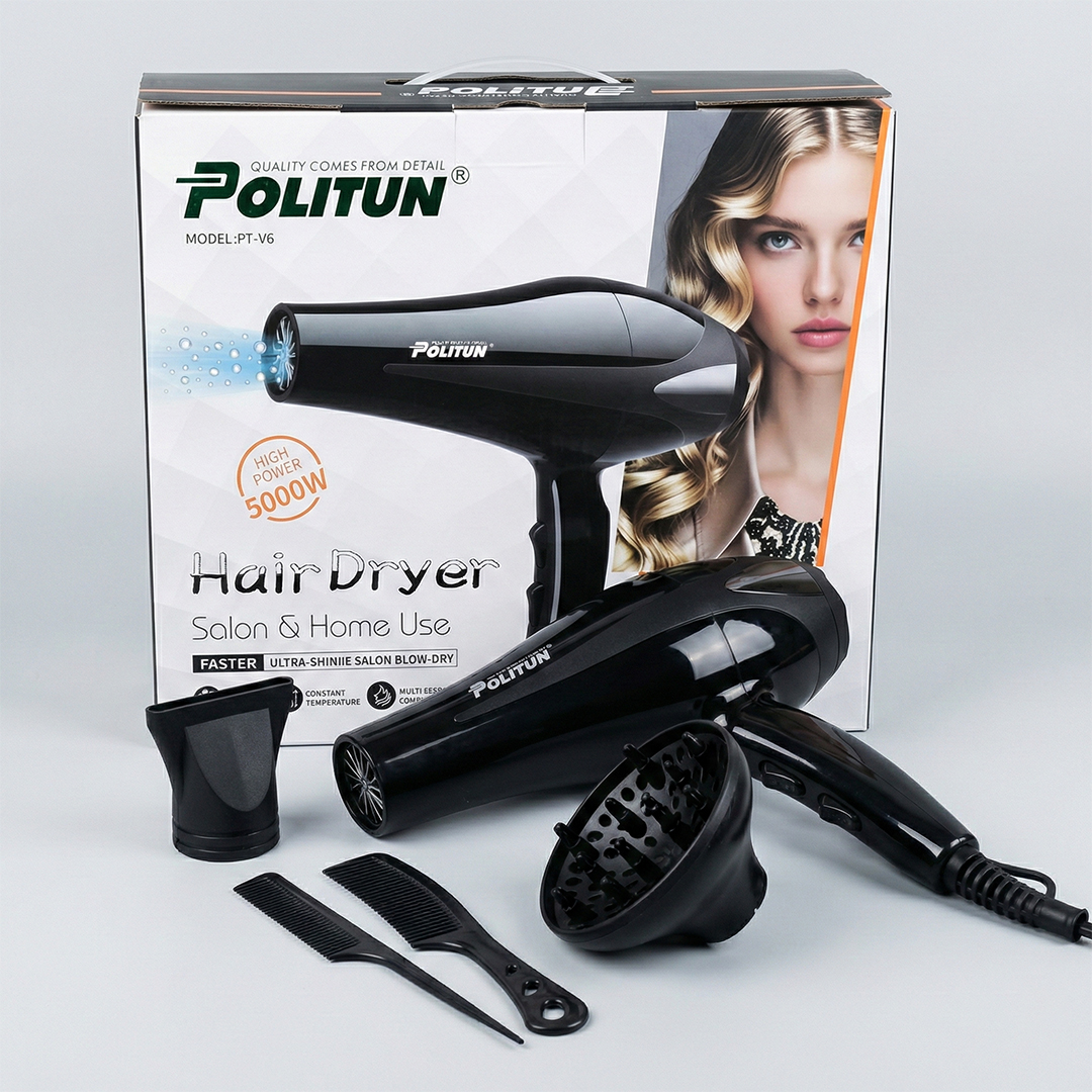 Politun 5000W Heavy Duty Hair Dryer | Model PT-V6 | Fast Heat-Up with 2 Speed + 3 Heat Settings | Professional Salon Sty