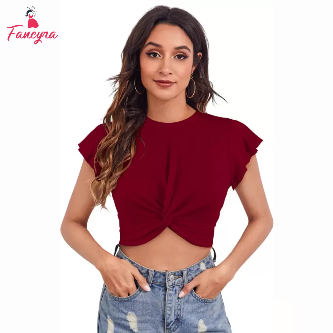 Women Casual Maroon Crop Top Short Sleeves