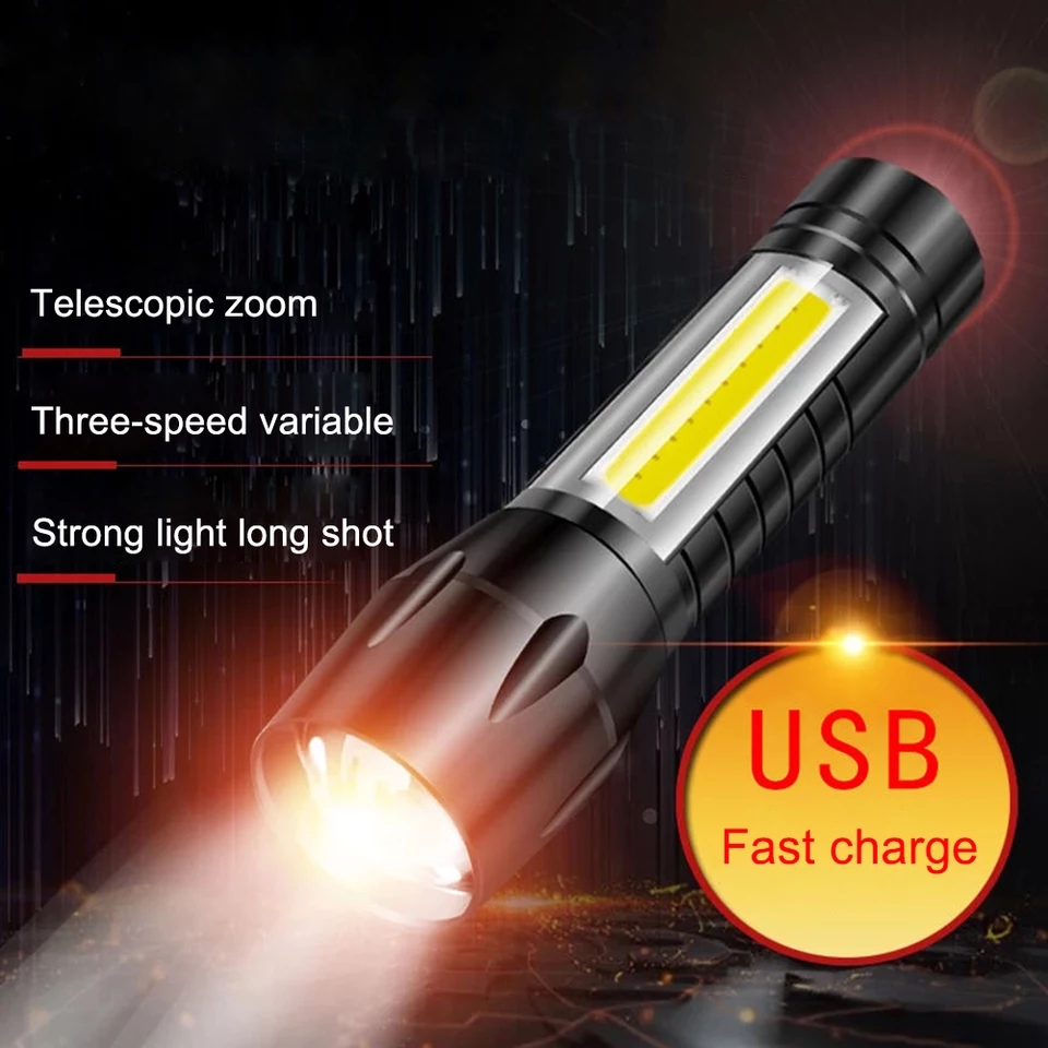 XPE+COB LED Flashlight USB Charging Inspection Lamp High Durability Strong Light Zoomable Tactical Torch Perfect for Outdoor