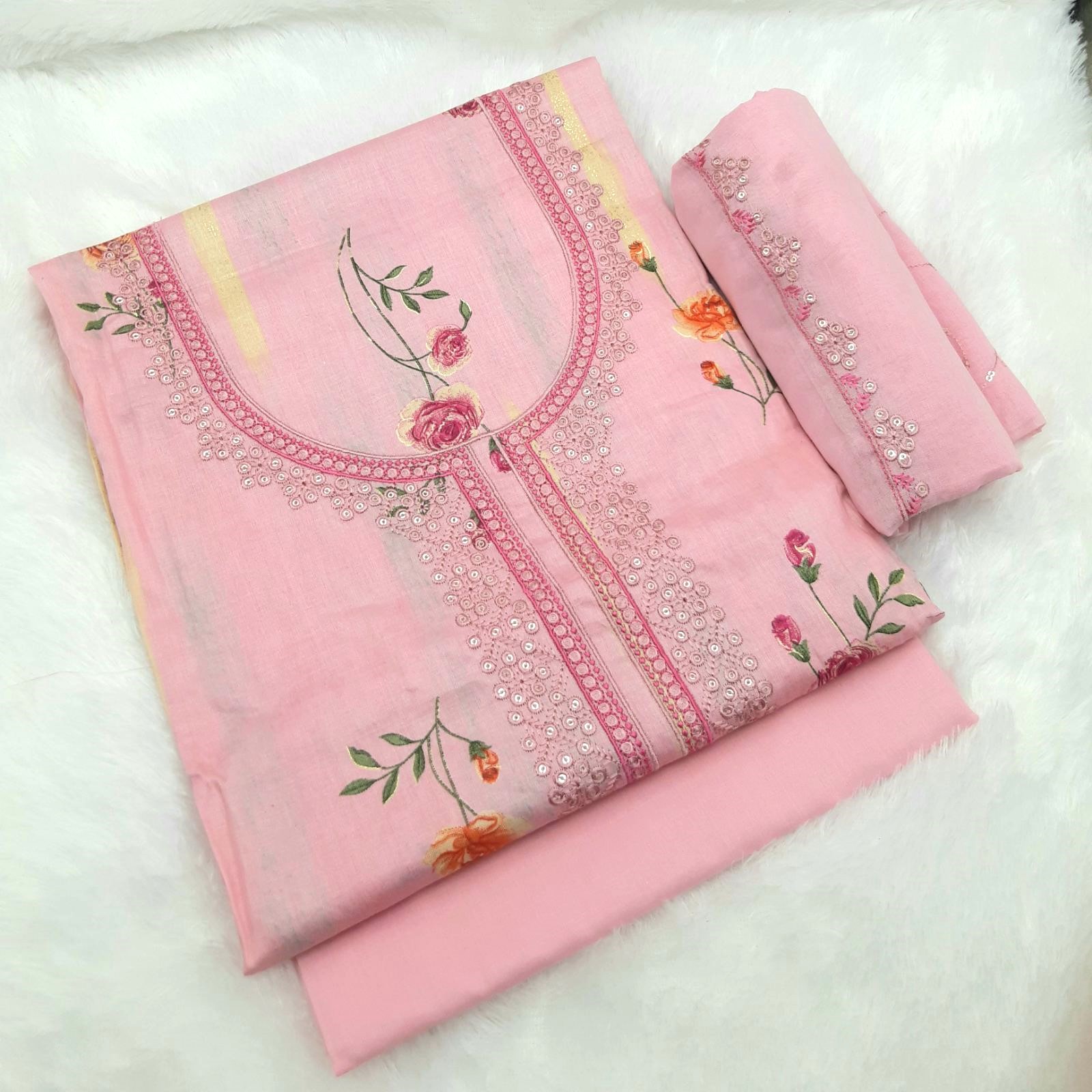 Joseez Collection Multicolor Pink Floral Glaze Cotton Embroidery Work Unstitched Kurta Set For Women