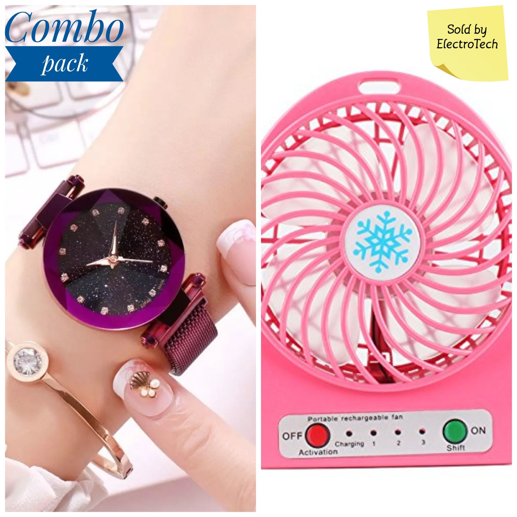 Trendy Magnetic Fashionable Luxury Stainless Steel Watch And Rechargeable Mini Fan.