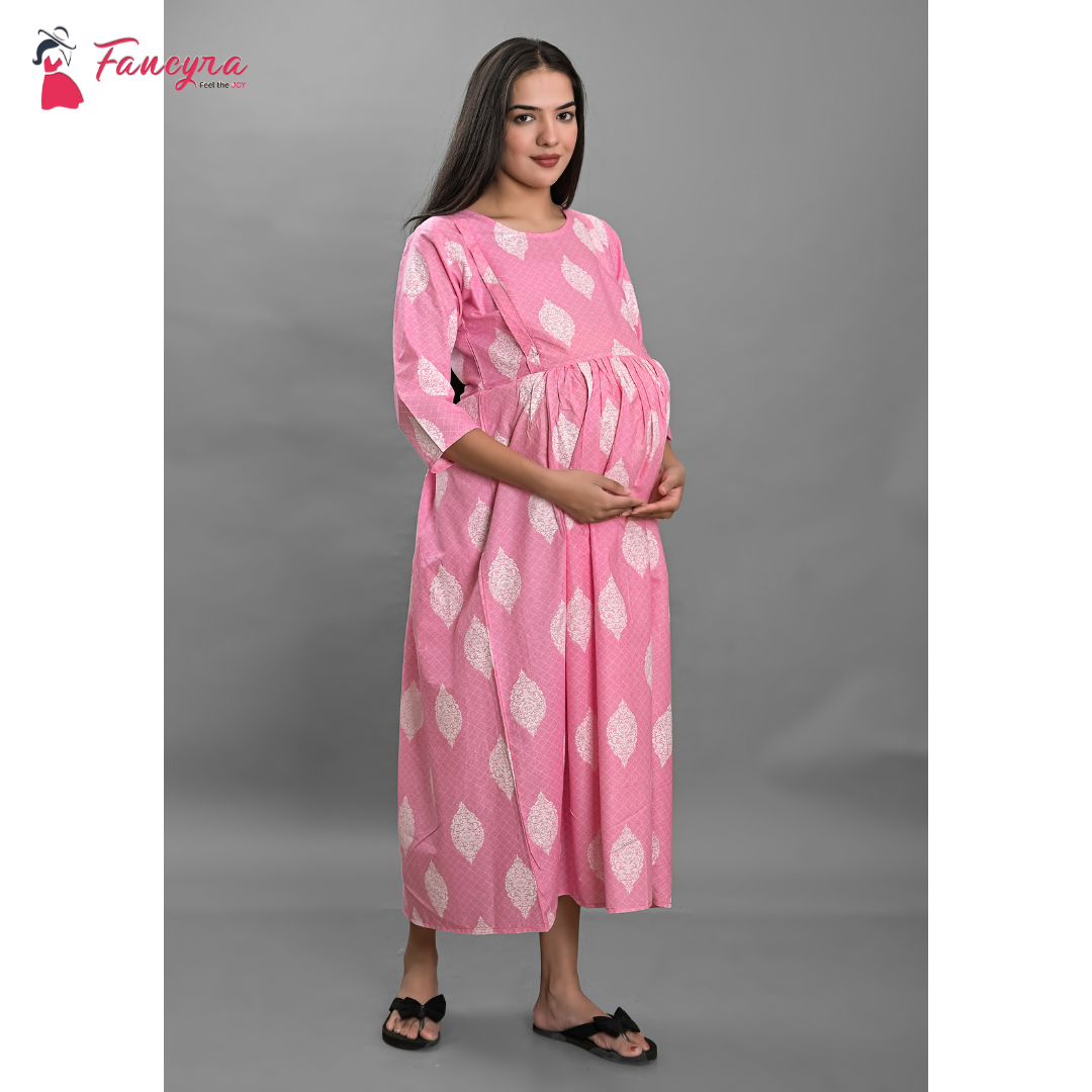Fancyra Women Maternity Pregnancy Cotton Printed Dress Nightwear
