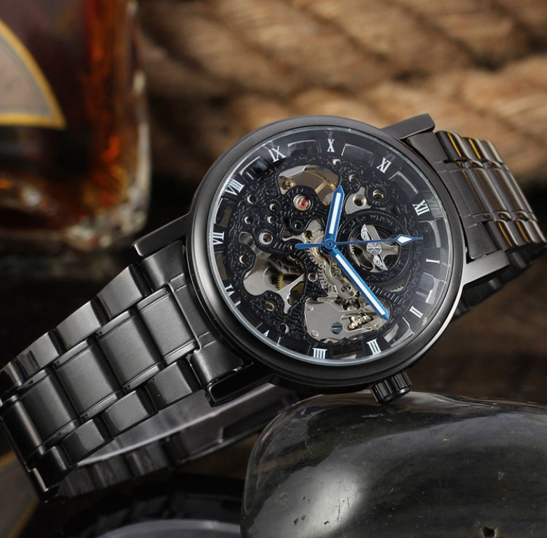 Watch Stainless Steel Mens Watches In Wristwatches Sat Skeleton Mechanical Automatic West Watch For Man- Black