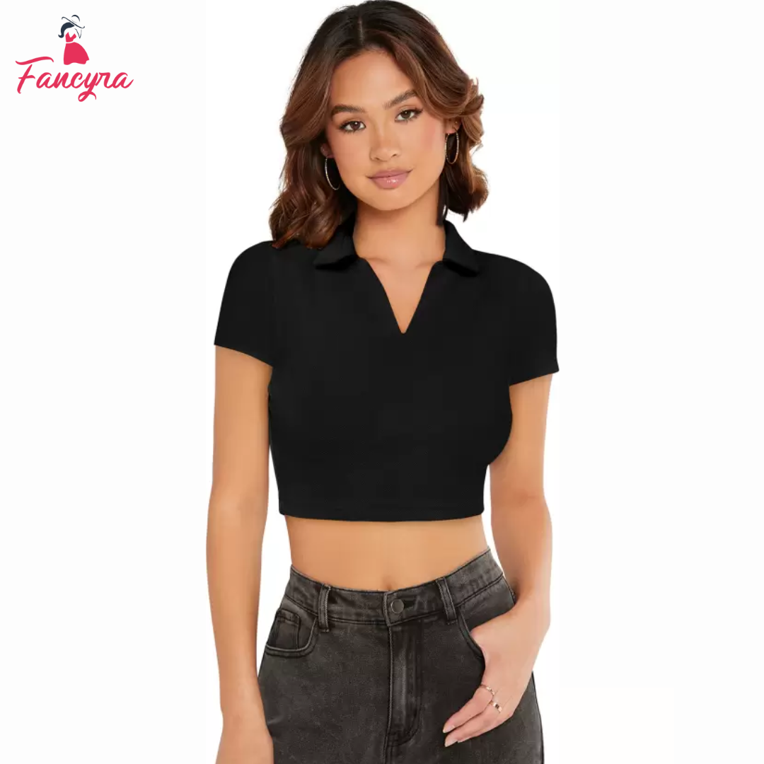 Fancyra Casual Regular Sleeves Solid Black Crop Top For Women - Black
