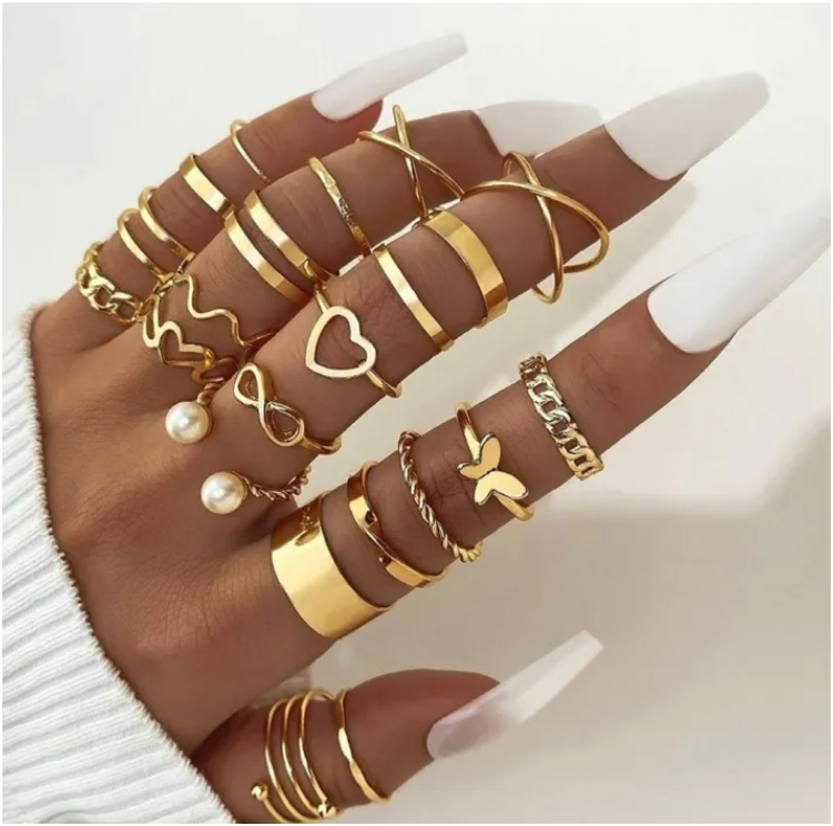 Silver Colored Vintage Style Carved Rings Set - 15 Piece