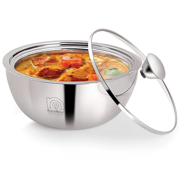 NanoNine Small Stainless Steel Gravy Pot with Glass Lid - 1.5 L