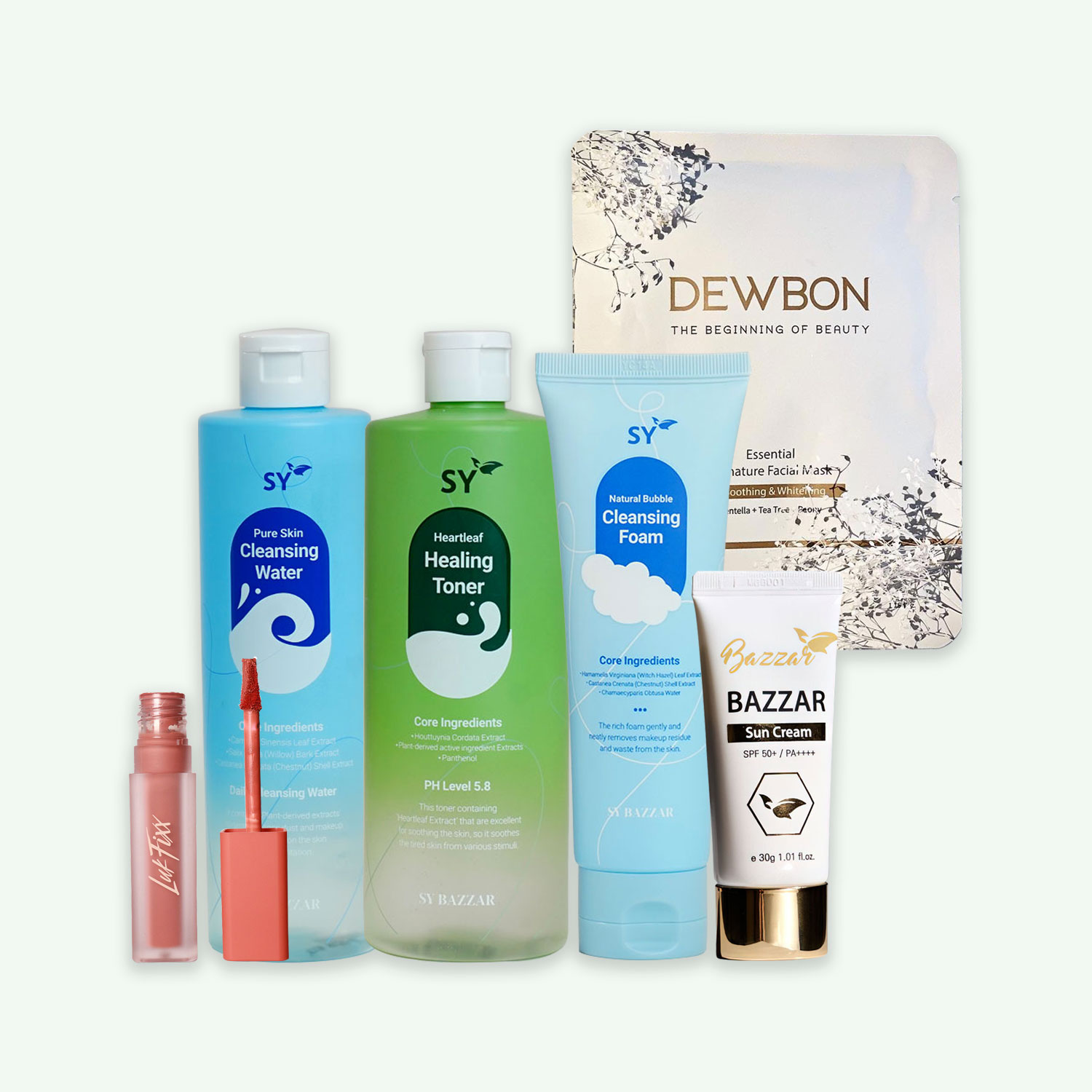 Combo of SY Healing Toner, SY Bazzar Sun Cream, SY Cleansing Water, SY Cleansing Foam, Dewbon Mask & Luk Fixx Tint - image 1