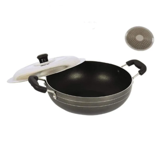 Induction Base Heavy Gauge Non Stick Kadai With Stainless Steel Lid 220 mm