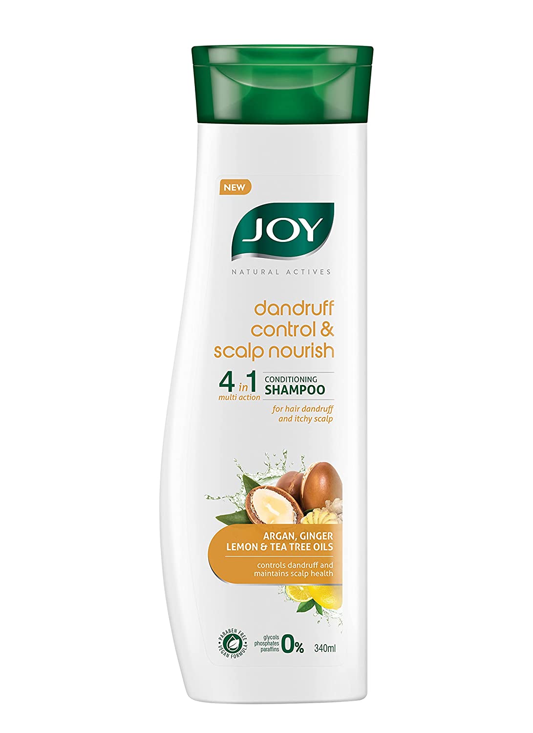 Joy Natural Actives Dandruff Control and Scalp Nourish 4 in 1 Multi Action Conditioning Shampoo With Argan, Ginger, Lemon and Tea Tree Oils Vegan, Paraben Free 340 ml