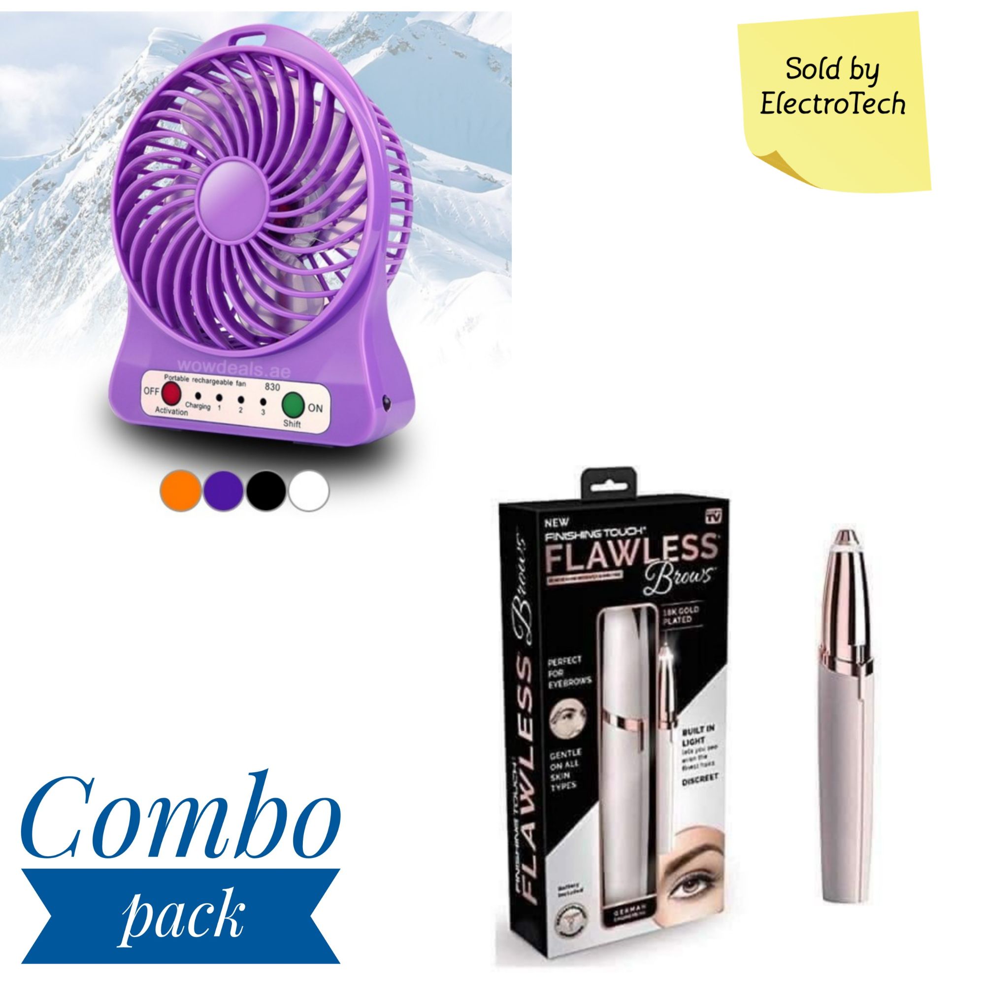 Flawless Brows Perfect For Eyebrows / Facial Hair Removal ( Rechargeable) And Rechargeable Mini Fan Combo Set.