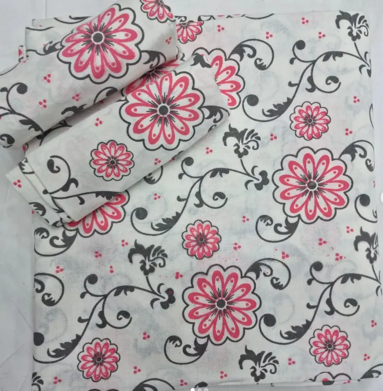 Wosha Pure Cotton Pink Grey Flower Queen Size Bedsheet