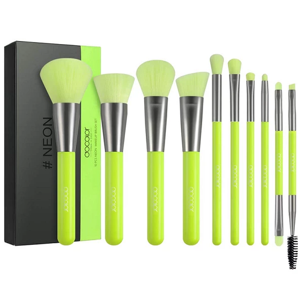 Docolor Makeup Brushes 10 Piece Neon Green Makeup Brush Set Premium Synthetic Kabuki Foundation Blending Face Powder Mineral Eyeshadow Make Up Brushes Set - image 1