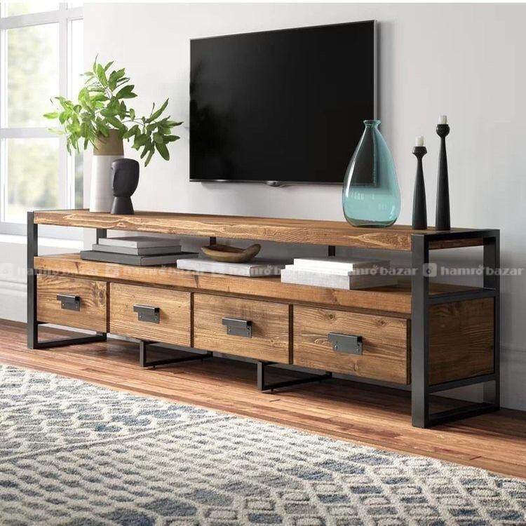 Modern Metals Wood TV Cabinet And Drawers