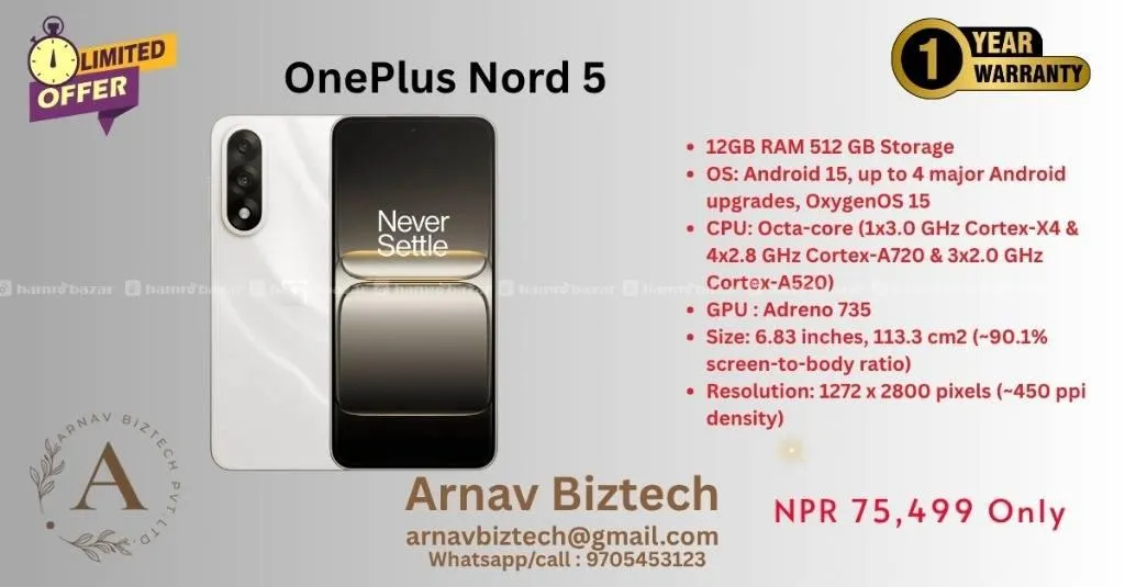 ONE PLUS NORD 5 (12GB RAM and 512 GB Storage).