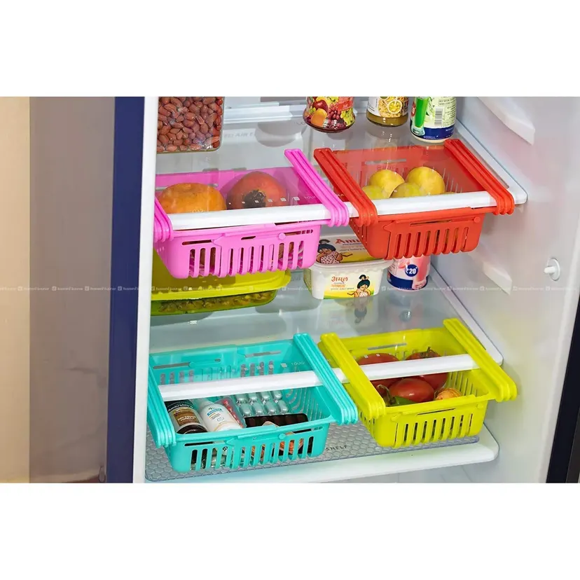Expandable fridge basket for food storage.