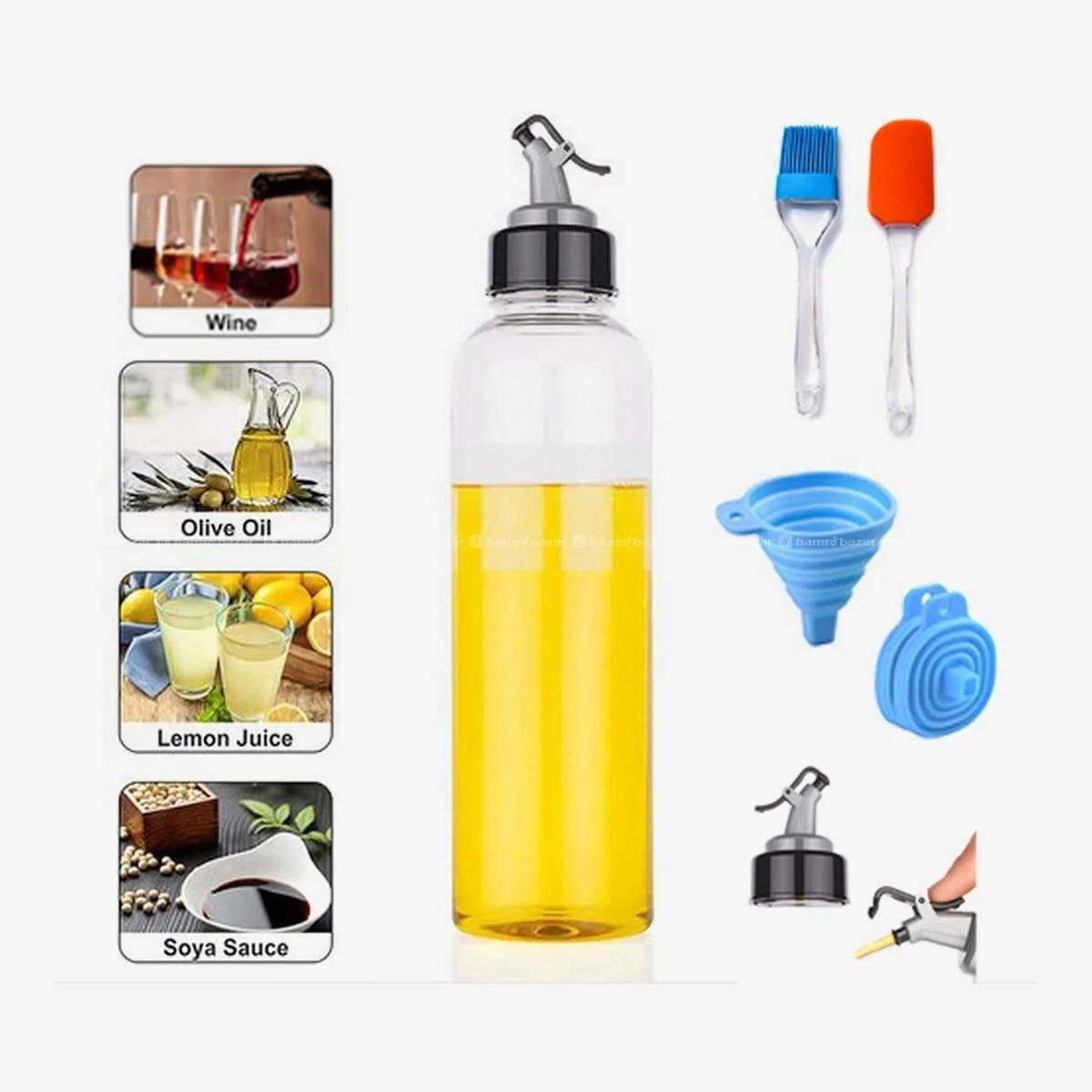 Oil bottle with funnel, brush and spatula set