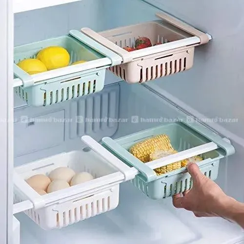Pack of 4 adjustable fridge storage baskets.