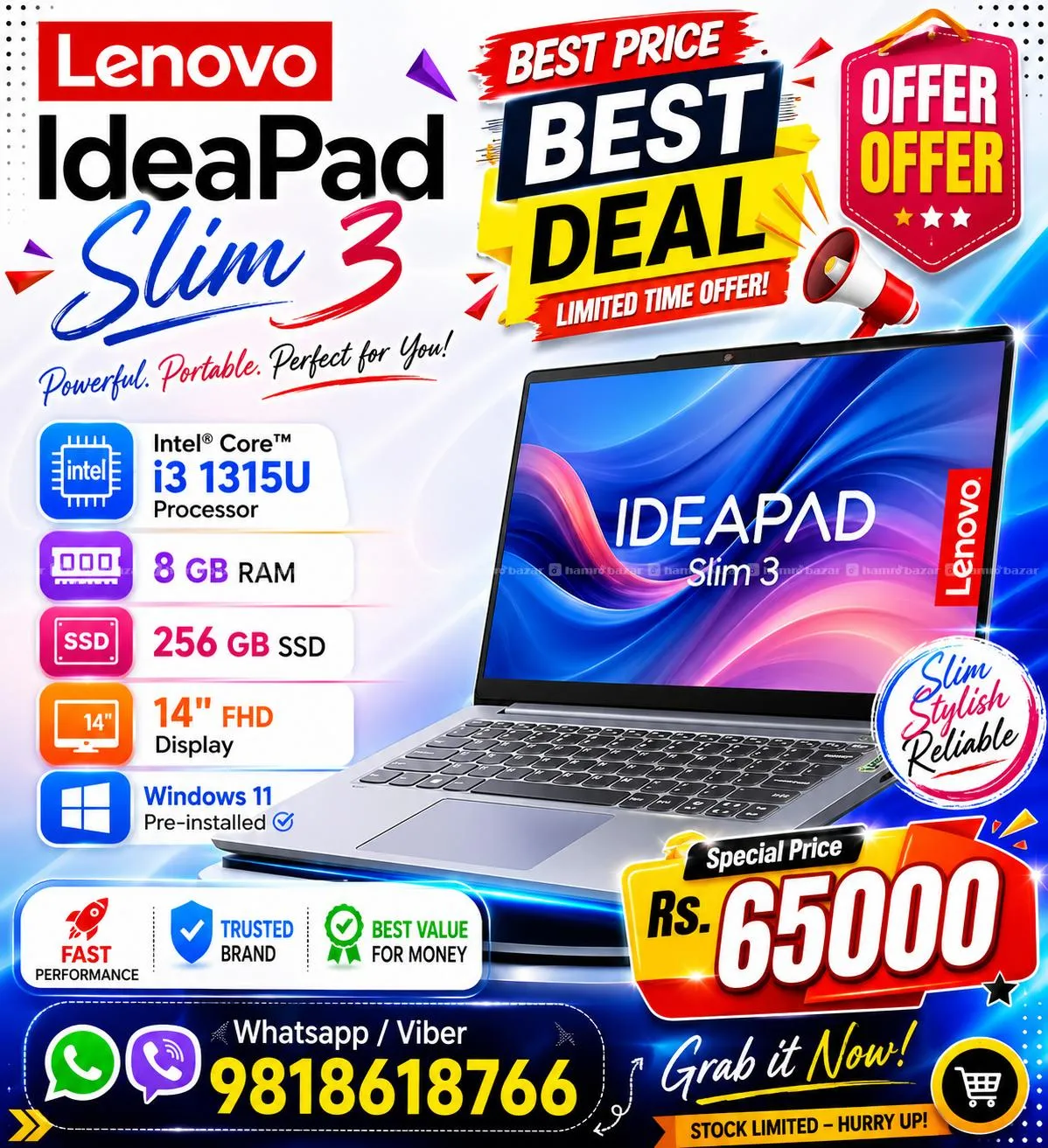 Lenovo Ideapad Slim 3-i3 13th Gen-8-256SSD 14" FHD