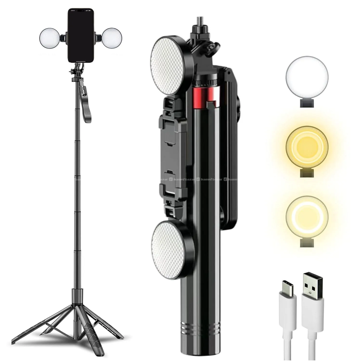 P185K 6ft Quadpod Selfie Stick Tripod With Light