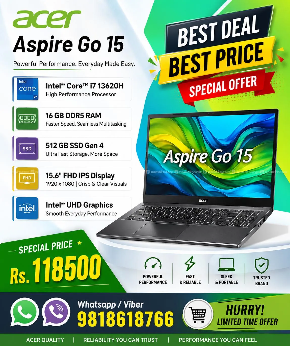 Acer Aspire Go 15 -i7 13620H-16GB / 512 GB SSD