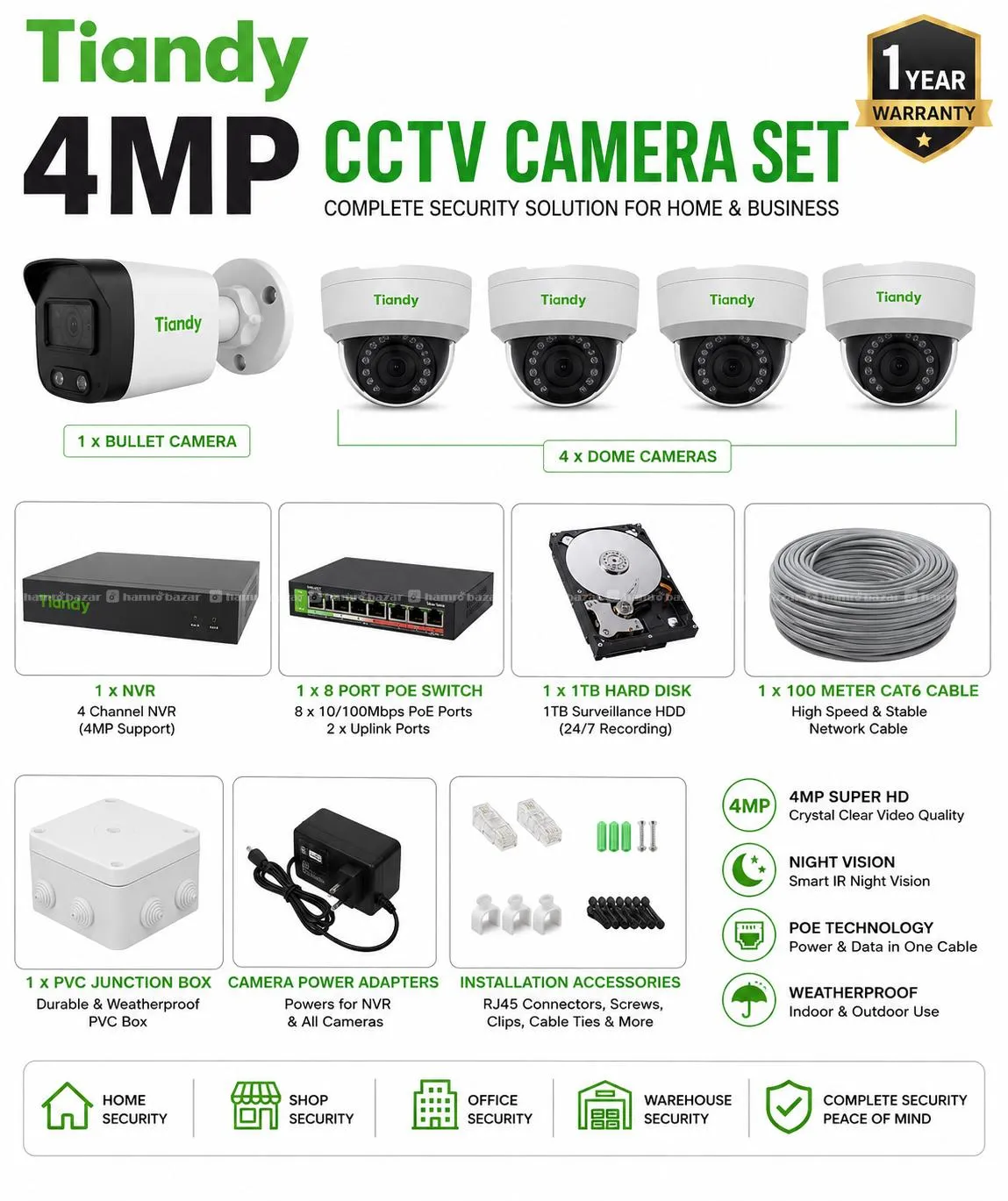 Tiandy 4MP IP CCTV Camera Set (5 Cameras)