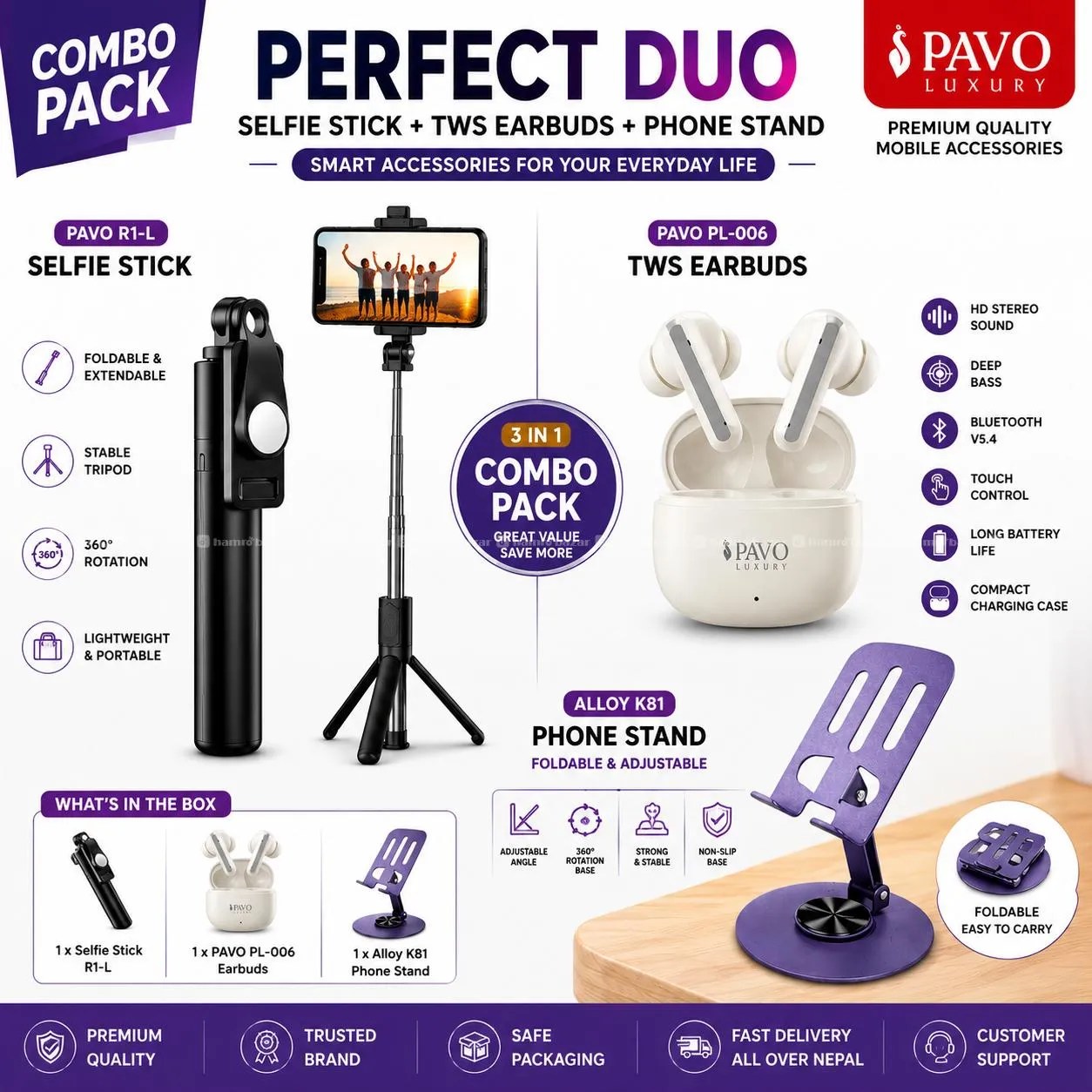 DUO COMBO PACK SELFIESTICK+TWS EARBUD+PHONE HOLDER