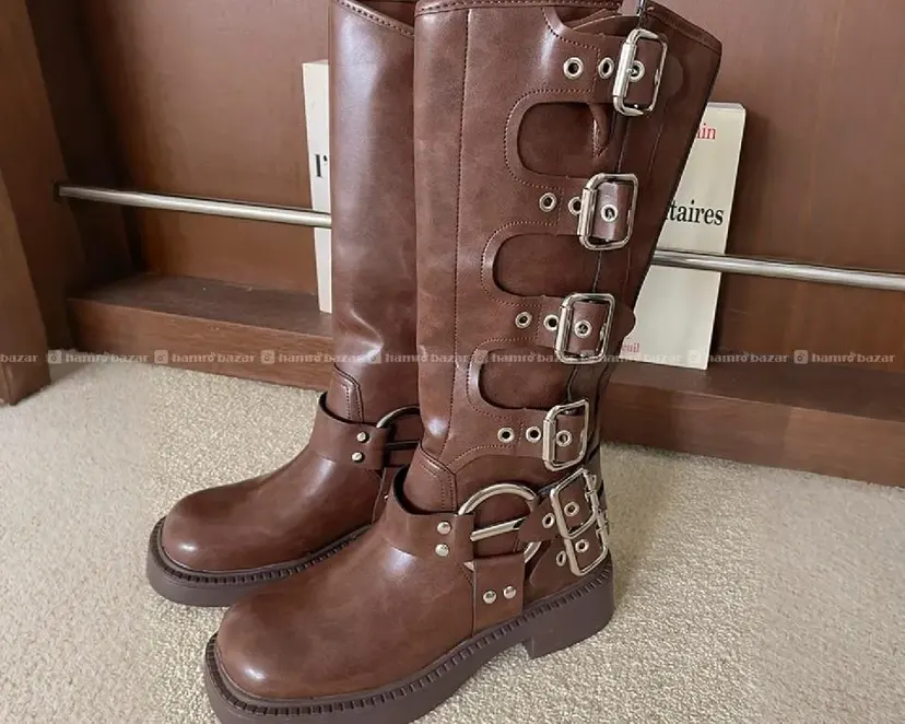 Brown Leather Knee belt long boot
