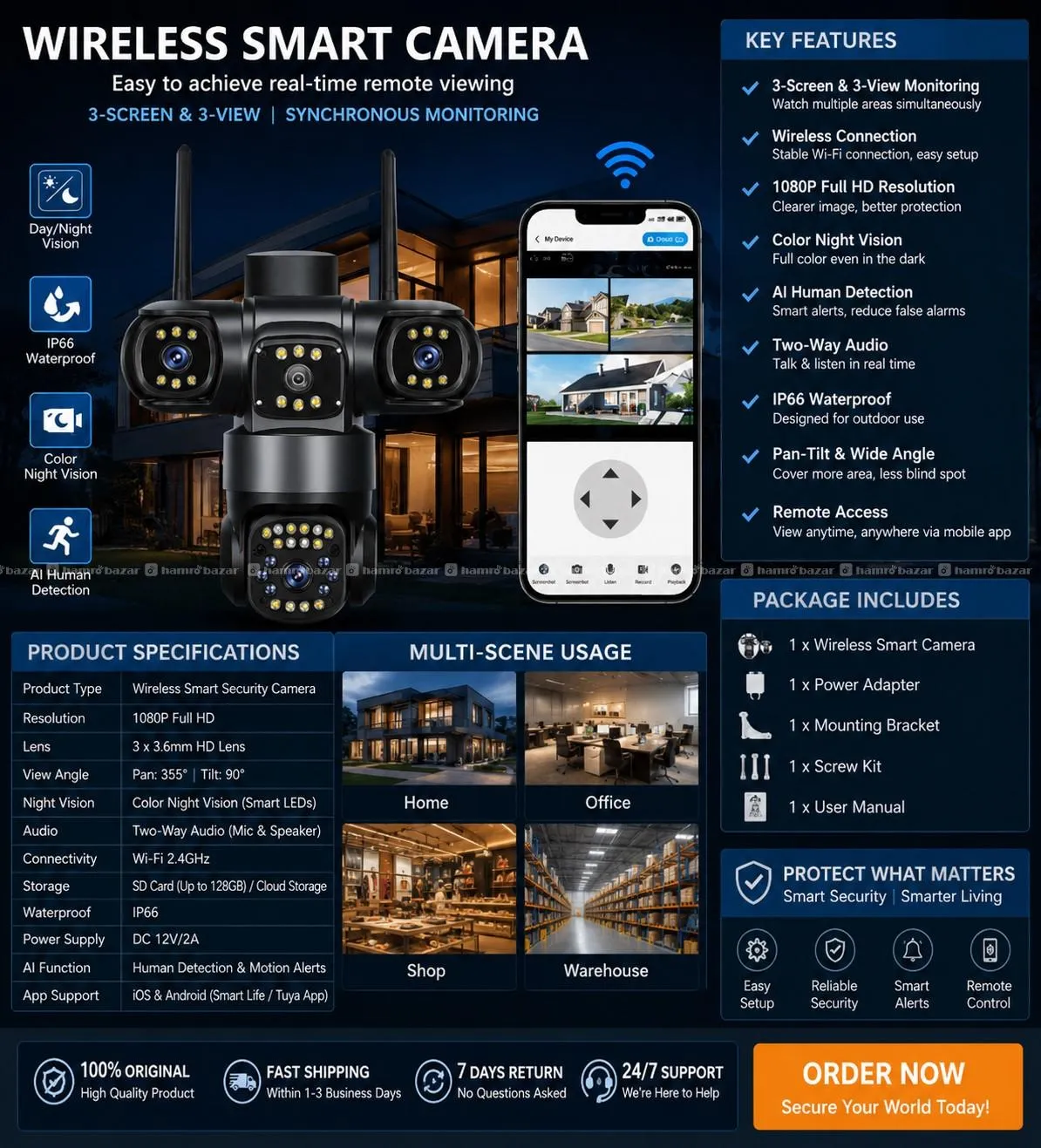 TRIPLE LENS 3-SCREEN WIRELESS SMART CCTV CAMERA