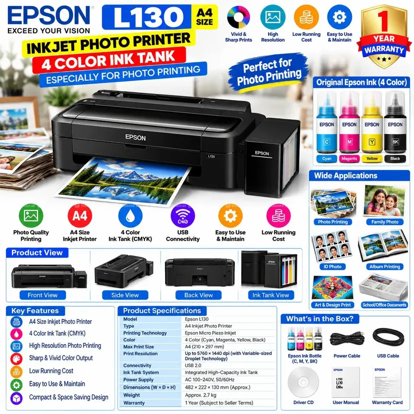 Epson L130 Inkjet Photo Printer 4Color Ink Tank