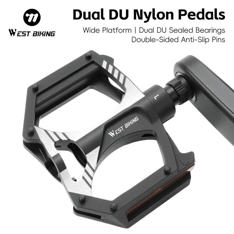 WEST BIKING Dual DU Nylon Bike Pedals Anti Slip Sealed Bearings Bicycle Pedal Wear Resistant Wide Platform Cycling Pedals