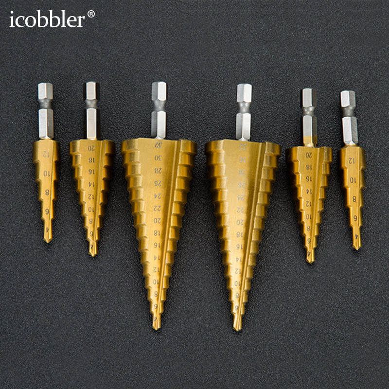 NEW 【Innovative design】7 Sizes Titanium Step Drill Bit Set with Automatic Center Round Punch, High Speed Steel 4241 Hexagonal Handle1/4| Ladder Drills