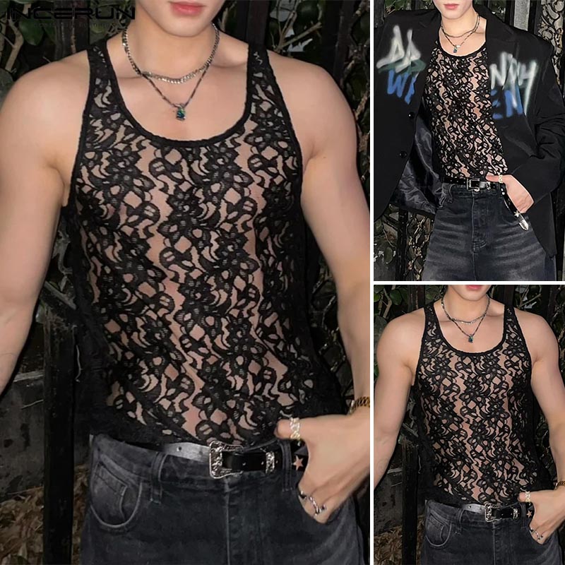 250312#Korean Style (Vest SandoINCERUN Men's Fashion Lace Stitching Sleeveless Vest Crew Neck Vest)
