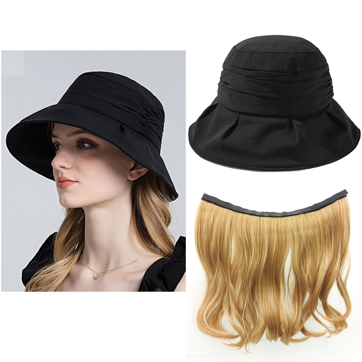 HOT NOOFNO Bucket Hat with Hair Attached for Women,Fashion Sun Hat,Detachable Long Wavy Blonde Cap Wig,Wig Hat for Spring and Summer